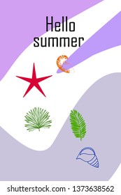 Summer rest. Starfish, seashell, leaves of tropical plants. Vector background