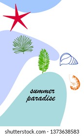 Summer rest. Starfish, seashell, leaves of tropical plants. Vector background