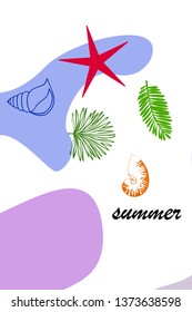 Summer rest. Starfish, seashell, leaves of tropical plants. Vector background