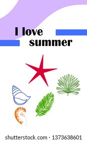 Summer rest. Starfish, seashell, leaves of tropical plants. Vector background