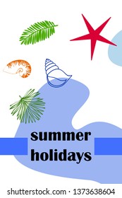 Summer rest. Starfish, seashell, leaves of tropical plants. Vector background