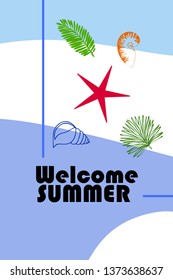 Summer rest. Starfish, seashell, leaves of tropical plants. Vector background