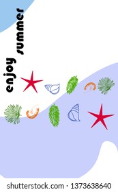 Summer rest. Starfish, seashell, leaves of tropical plants. Vector background