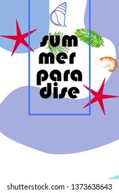 Summer rest. Starfish, seashell, leaves of tropical plants. Vector background