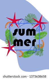 Summer rest. Starfish, seashell, leaves of tropical plants. Vector background