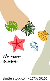 Summer rest. Starfish, seashell, leaves of tropical plants. Vector background