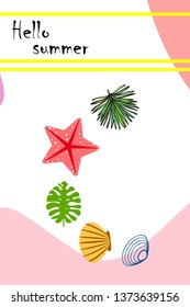 Summer rest. Starfish, seashell, leaves of tropical plants. Vector background