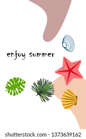 Summer rest. Starfish, seashell, leaves of tropical plants. Vector background