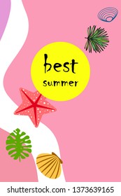 Summer rest. Starfish, seashell, leaves of tropical plants. Vector background