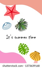 Summer rest. Starfish, seashell, leaves of tropical plants. Vector background