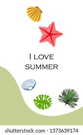 Summer rest. Starfish, seashell, leaves of tropical plants. Vector background