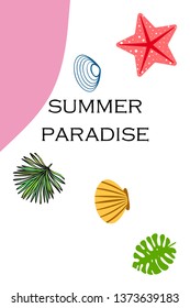 Summer rest. Starfish, seashell, leaves of tropical plants. Vector background