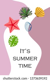 Summer rest. Starfish, seashell, leaves of tropical plants. Vector background