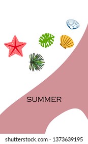 Summer rest. Starfish, seashell, leaves of tropical plants. Vector background