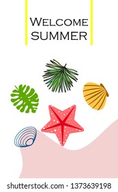 Summer rest. Starfish, seashell, leaves of tropical plants. Vector background