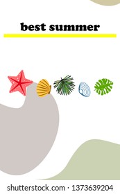 Summer rest. Starfish, seashell, leaves of tropical plants. Vector background