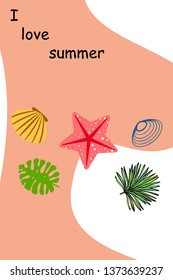 Summer rest. Starfish, seashell, leaves of tropical plants. Vector background