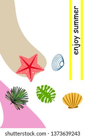 Summer rest. Starfish, seashell, leaves of tropical plants. Vector background