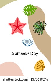 Summer rest. Starfish, seashell, leaves of tropical plants. Vector background