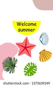 Summer rest. Starfish, seashell, leaves of tropical plants. Vector background