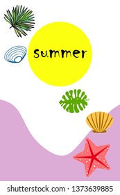 Summer rest. Starfish, seashell, leaves of tropical plants. Vector background