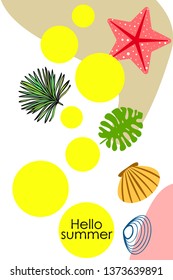 Summer rest. Starfish, seashell, leaves of tropical plants. Vector background