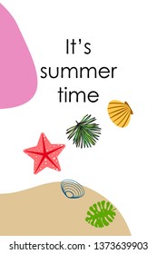 Summer rest. Starfish, seashell, leaves of tropical plants. Vector background