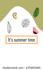 Summer rest. Starfish, seashell, leaves of tropical plants. Vector background