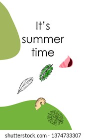 Summer rest. Starfish, seashell, leaves of tropical plants. Vector background
