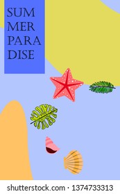 Summer rest. Starfish, seashell, leaves of tropical plants. Vector background