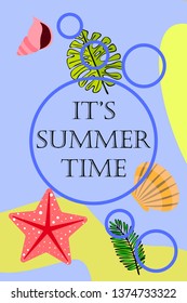 Summer rest. Starfish, seashell, leaves of tropical plants. Vector background