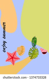 Summer rest. Starfish, seashell, leaves of tropical plants. Vector background