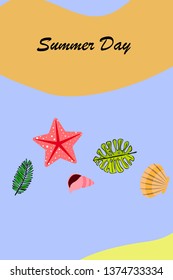 Summer rest. Starfish, seashell, leaves of tropical plants. Vector background