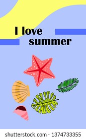 Summer rest. Starfish, seashell, leaves of tropical plants. Vector background
