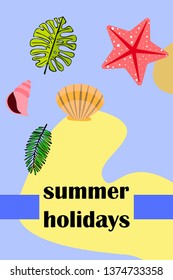 Summer rest. Starfish, seashell, leaves of tropical plants. Vector background