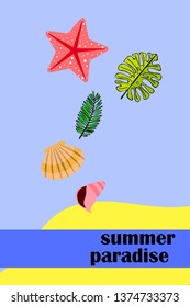Summer rest. Starfish, seashell, leaves of tropical plants. Vector background