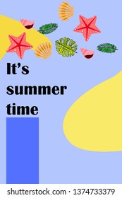 Summer rest. Starfish, seashell, leaves of tropical plants. Vector background