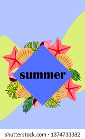 Summer rest. Starfish, seashell, leaves of tropical plants. Vector background