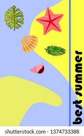 Summer rest. Starfish, seashell, leaves of tropical plants. Vector background