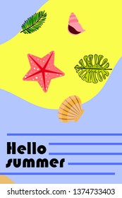 Summer rest. Starfish, seashell, leaves of tropical plants. Vector background