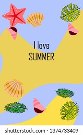 Summer rest. Starfish, seashell, leaves of tropical plants. Vector background