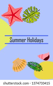 Summer rest. Starfish, seashell, leaves of tropical plants. Vector background