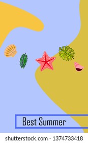 Summer rest. Starfish, seashell, leaves of tropical plants. Vector background