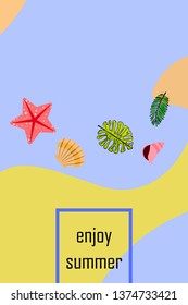 Summer rest. Starfish, seashell, leaves of tropical plants. Vector background