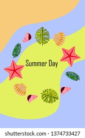 Summer rest. Starfish, seashell, leaves of tropical plants. Vector background