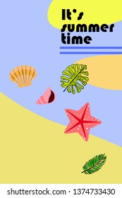 Summer rest. Starfish, seashell, leaves of tropical plants. Vector background