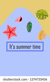 Summer rest. Starfish, seashell, leaves of tropical plants. Vector background