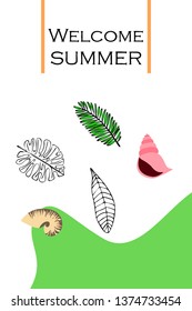 Summer rest. Starfish, seashell, leaves of tropical plants. Vector background