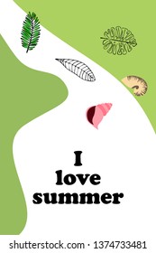 Summer rest. Starfish, seashell, leaves of tropical plants. Vector background