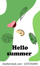 Summer rest. Starfish, seashell, leaves of tropical plants. Vector background
